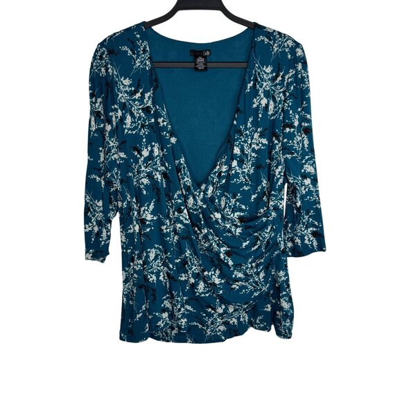 Vintage East 5th‎ Women's 1X Floral Green Blue Draped V Neck Blouse Workwear - Picture 1 of 5
